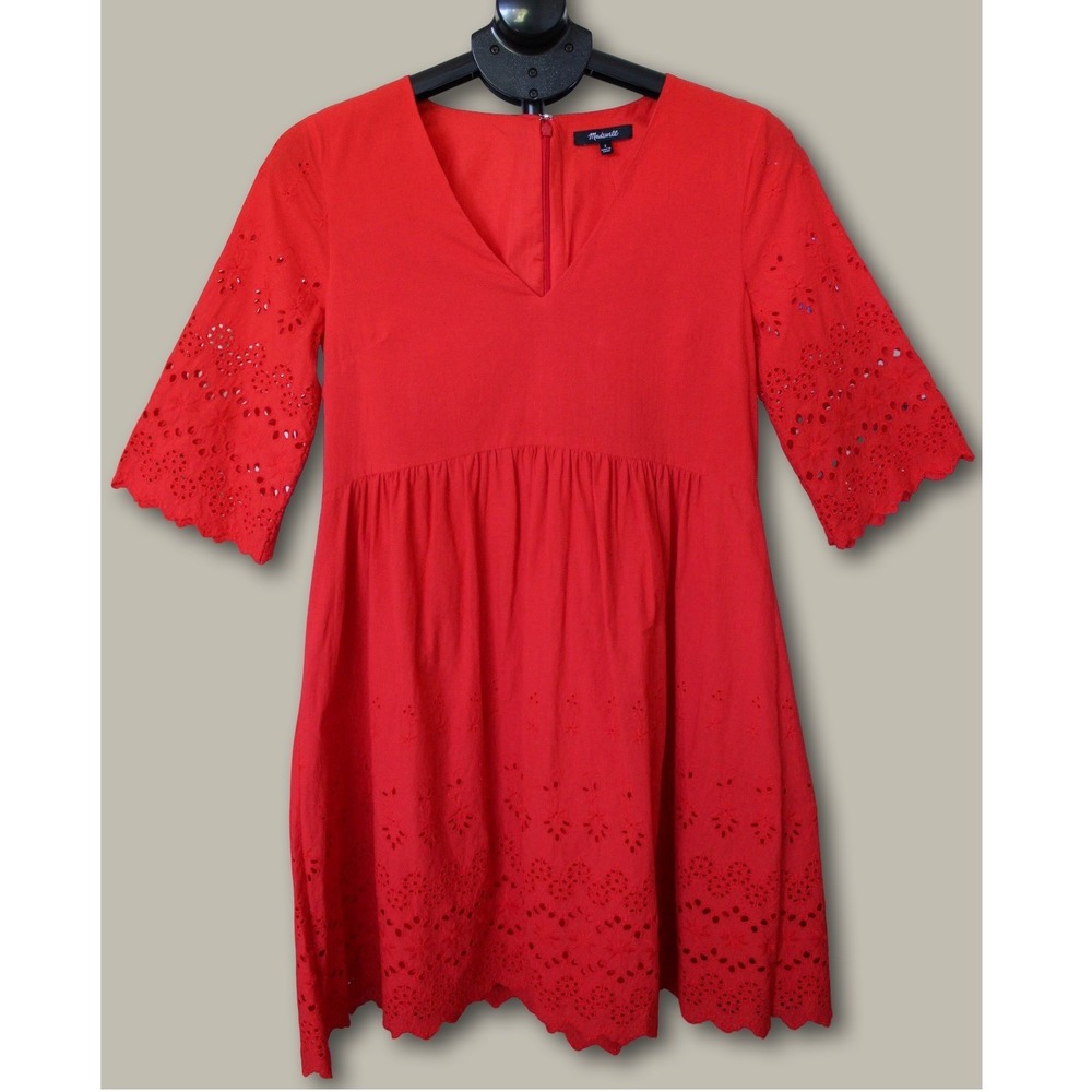 Madewell Red Poppy Eyelet Lattice Mini Dress Boho Babydoll Cottagecore Size 2